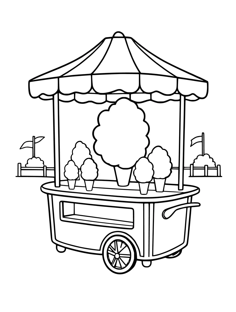 A cotton candy cart with a striped canopy and several cones of fluffy cotton candy in this line art, colouring page