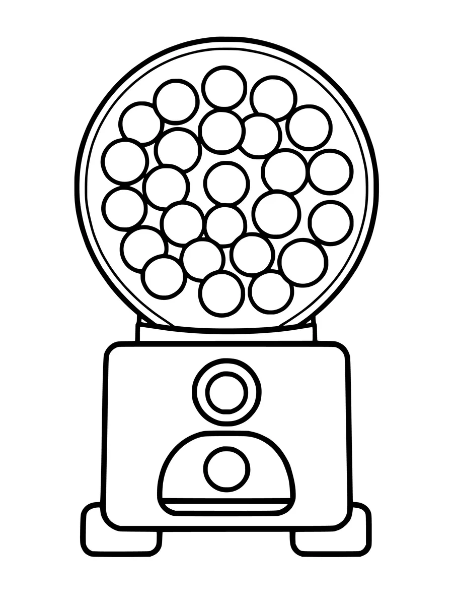 A gumball machine filled with many round gumballs in this simple, bold-lined coloring page.