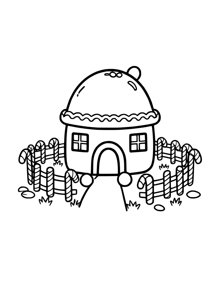 A coloring page of a small house topped with a large gumdrop, surrounded by a candy-cane fence.