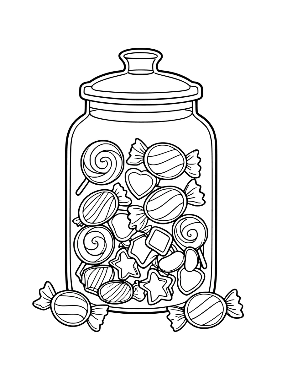 A colouring page of a large glass jar filled with various assorted candies, including lollipops.