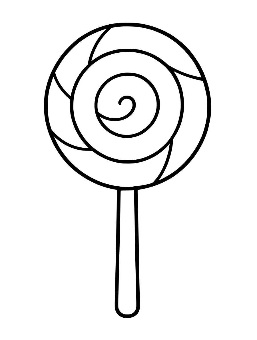 A simple line art colouring page of a round lollipop featuring a prominent swirl pattern on a stick.