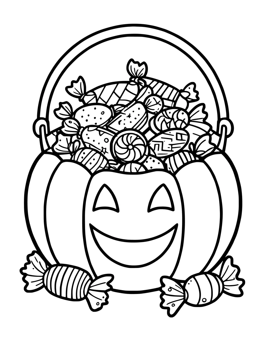 A jack-o'-lantern pail filled with various wrapped candies and loose sweets for a festive coloring page.