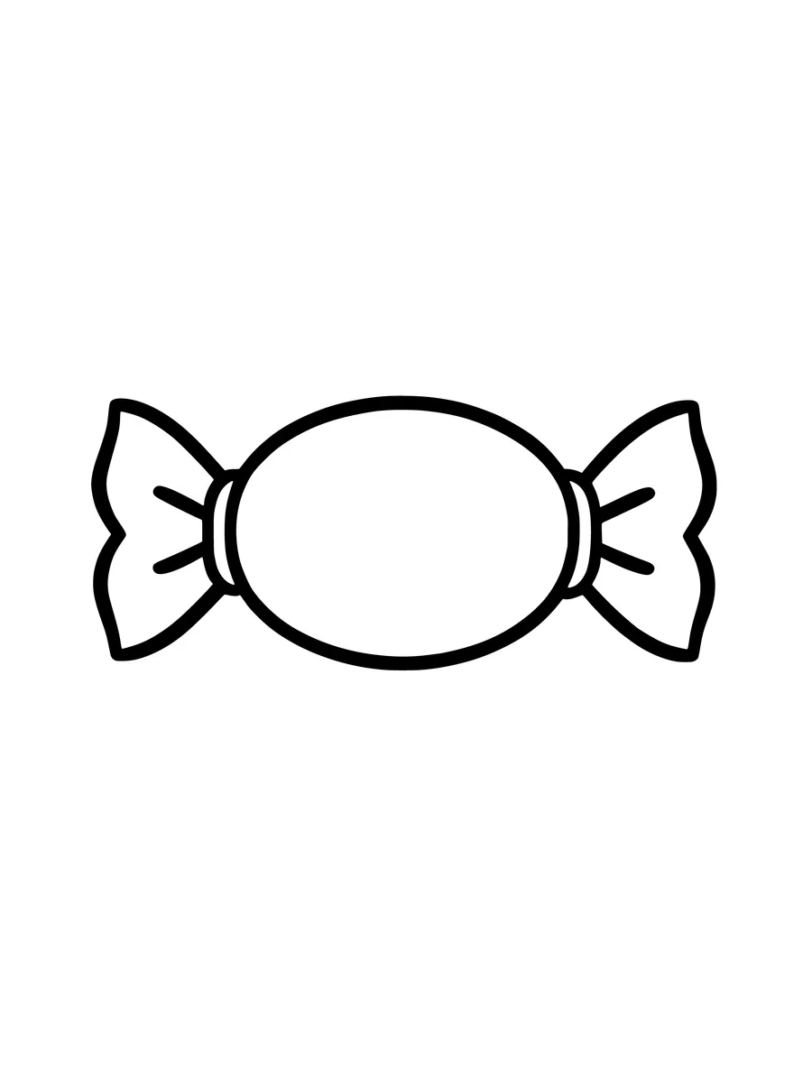 Black and white line art coloring page of wrapped candy with twisted ends, simple detail