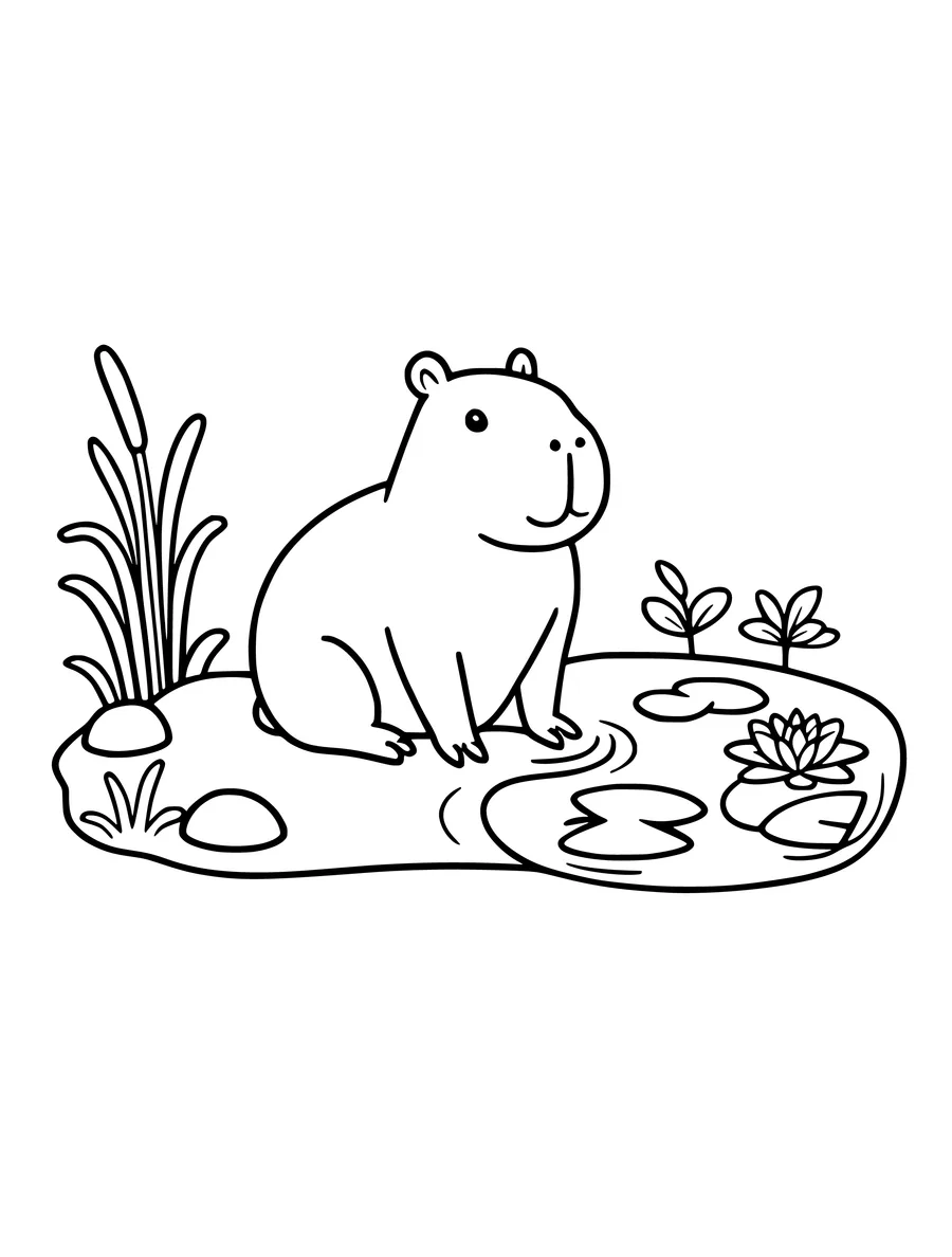 A calm capybara sits by a peaceful pond featuring a water lily and reeds in this coloring page.