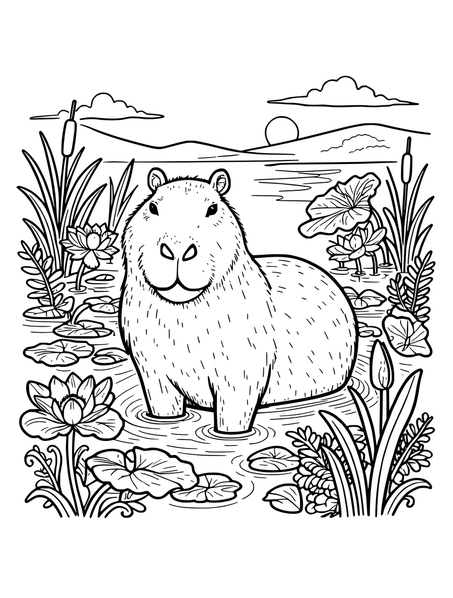 Black and white line art colouring page of capybara among water plants in the early morning, detailed detail