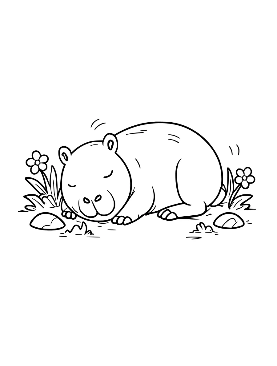 Black and white line art coloring page of capybara asleep in the grass, medium detail