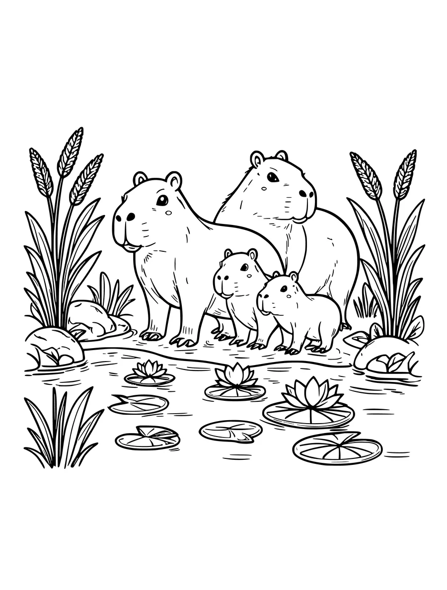 Black and white line art colouring page of capybara family beside a river with reeds and lily pads, detailed detail