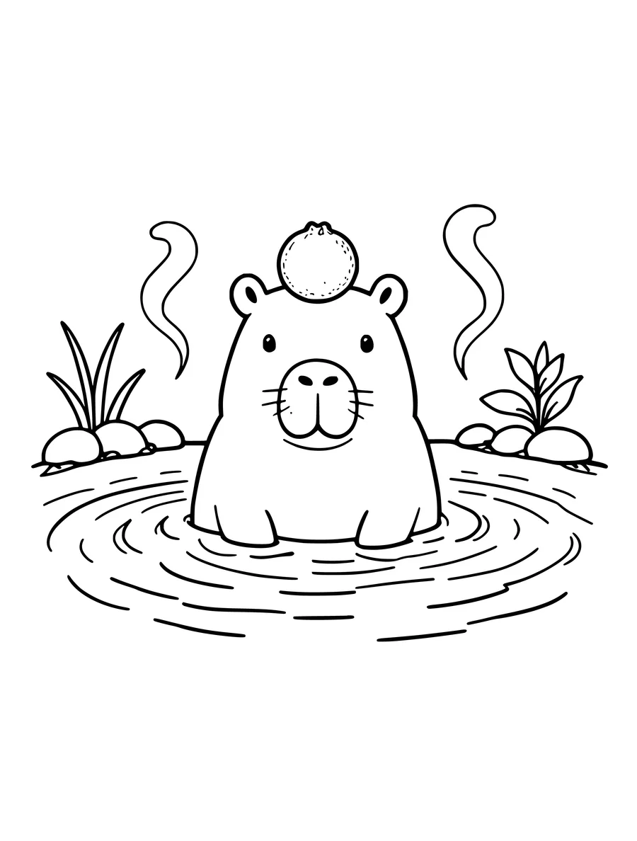 Black and white line art coloring page of capybara in a hot spring with a yuzu fruit on its head, medium detail