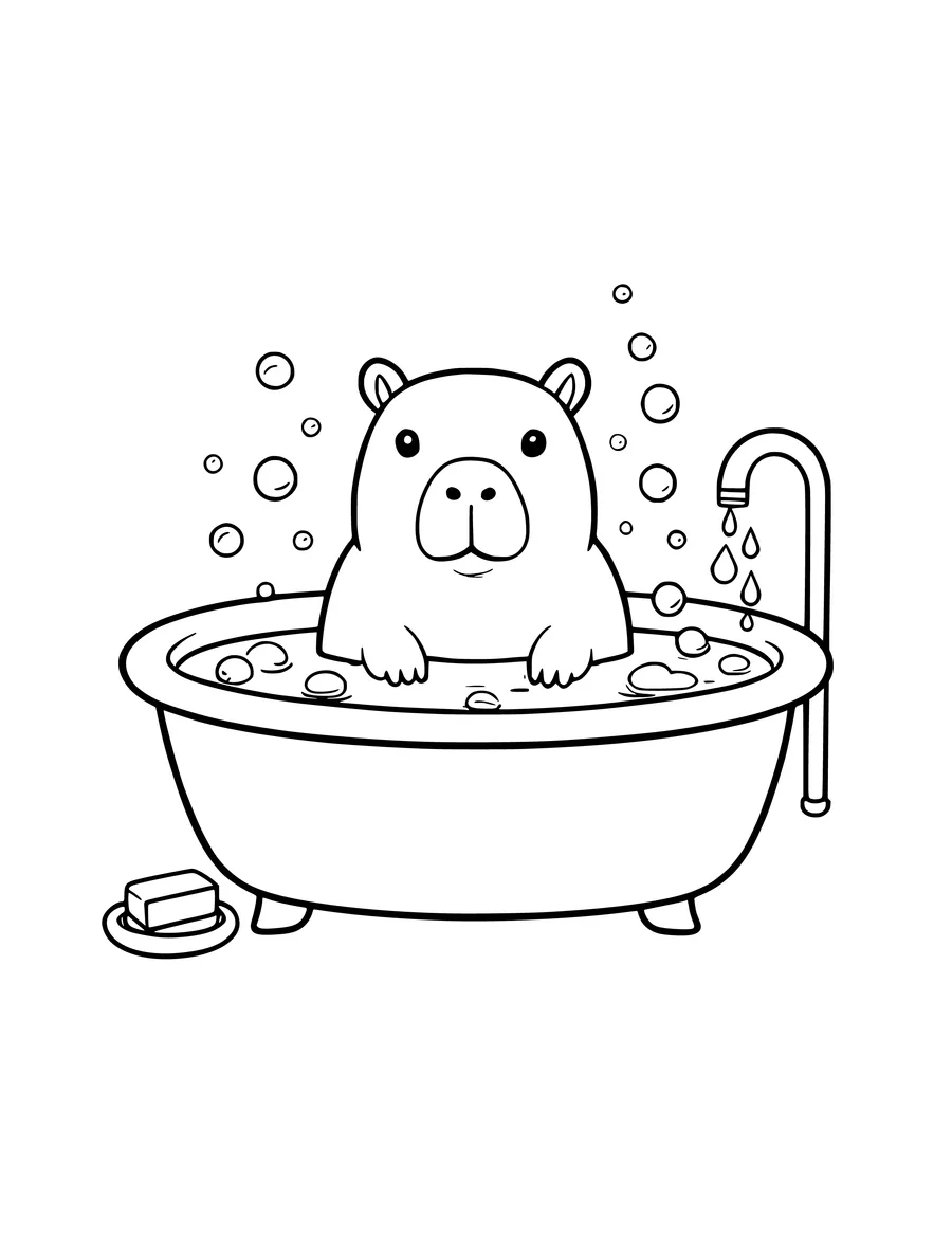 A colouring page of a capybara sitting in a bathtub filled with water, soap bubbles, and a faucet.