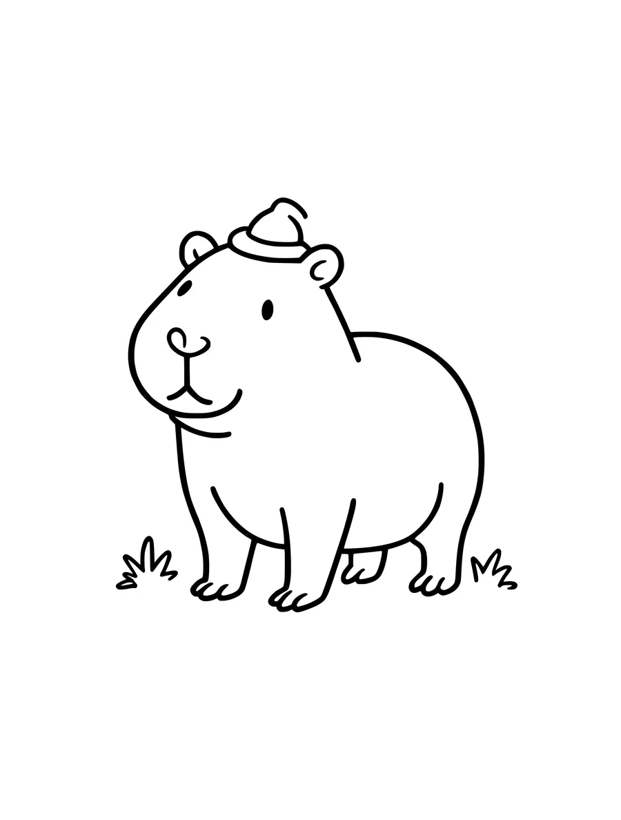 A simple colouring page of a cute capybara wearing a tiny hat while standing in a small patch of grass.