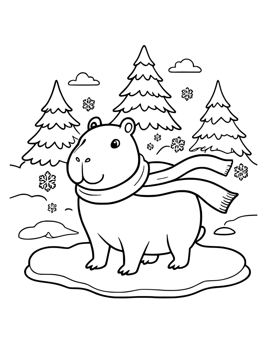 A coloring page of a capybara wearing a long scarf, standing outside in a snowy forest with pine trees.