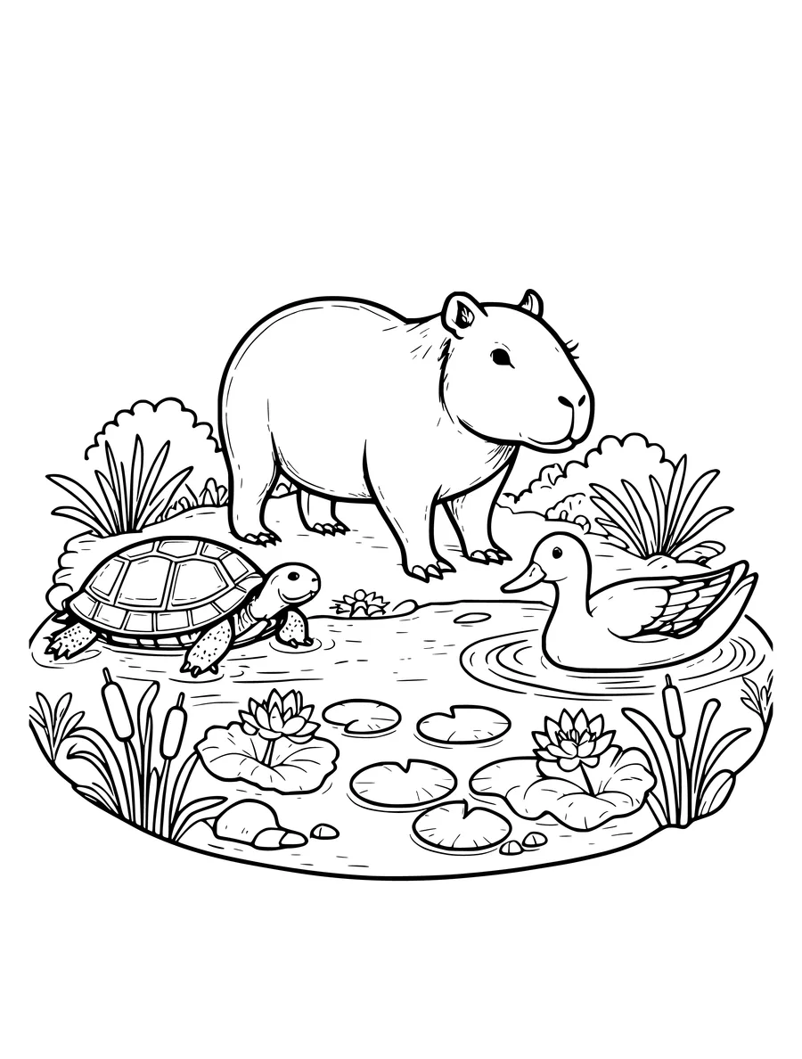 Black and white line art coloring page of capybara with a turtle and a duck around a pond, detailed detail