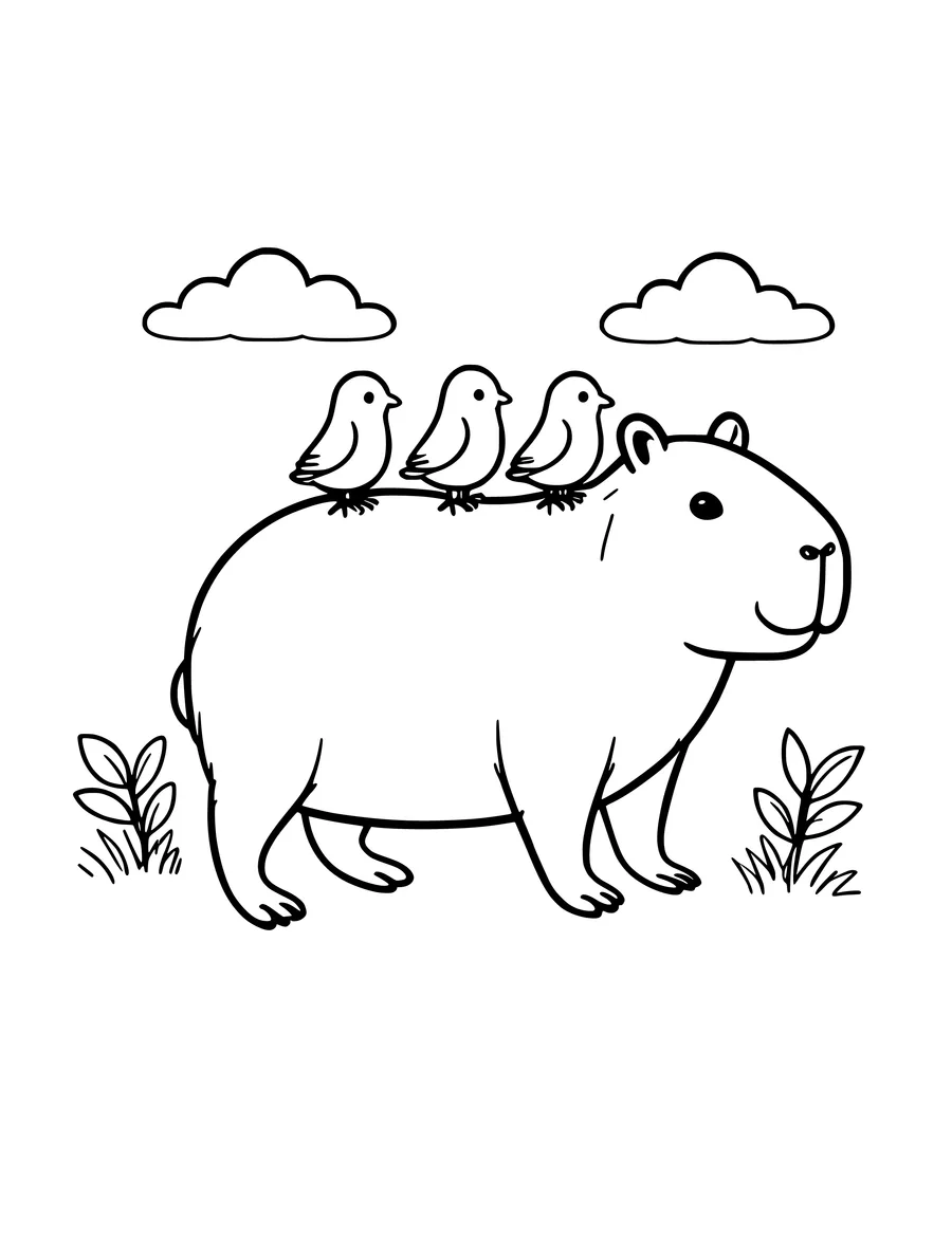 A colouring page featuring a capybara standing with three small birds perched on its back under two clouds.