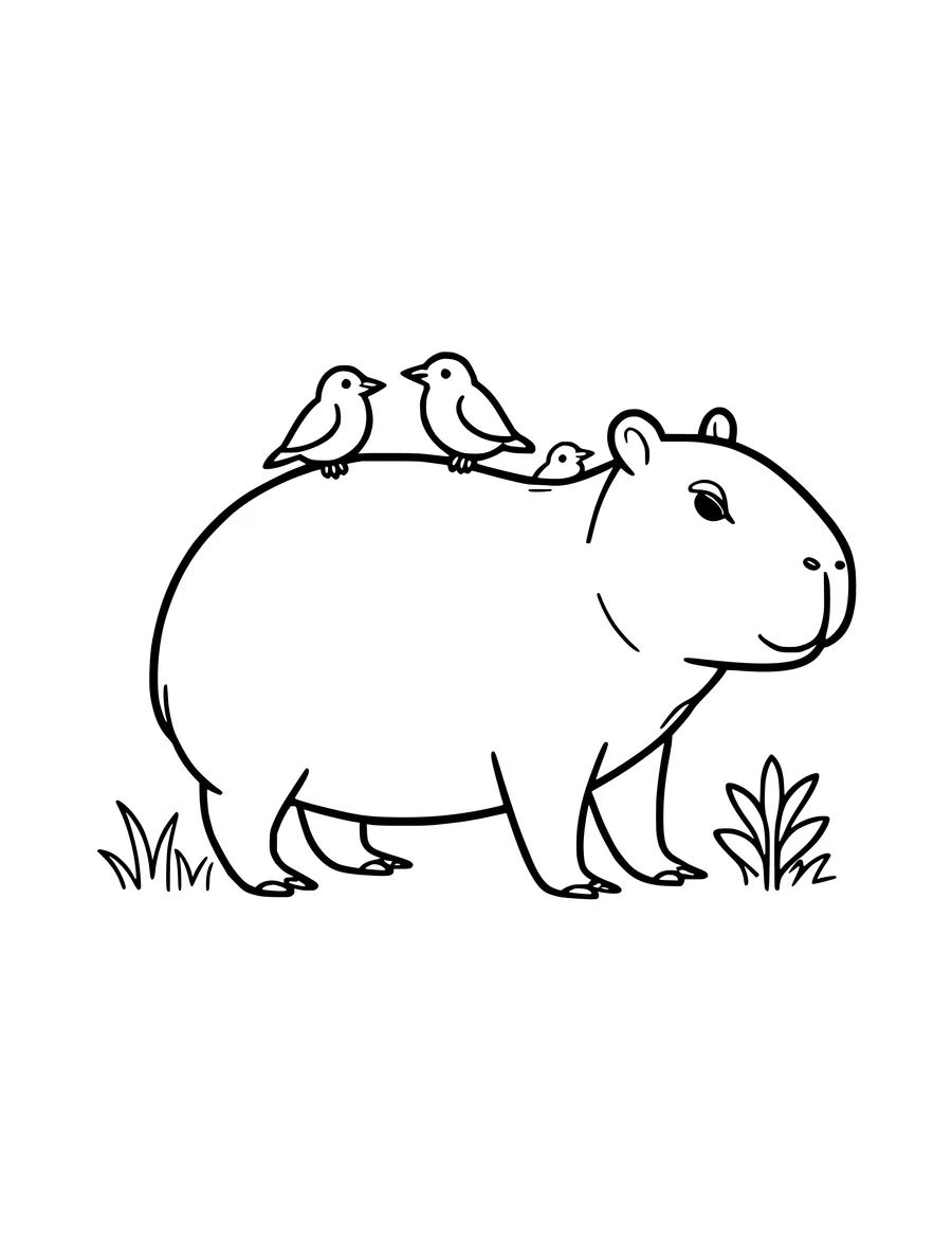 A capybara stands in the grass with three small birds perched on its back in this colouring page.