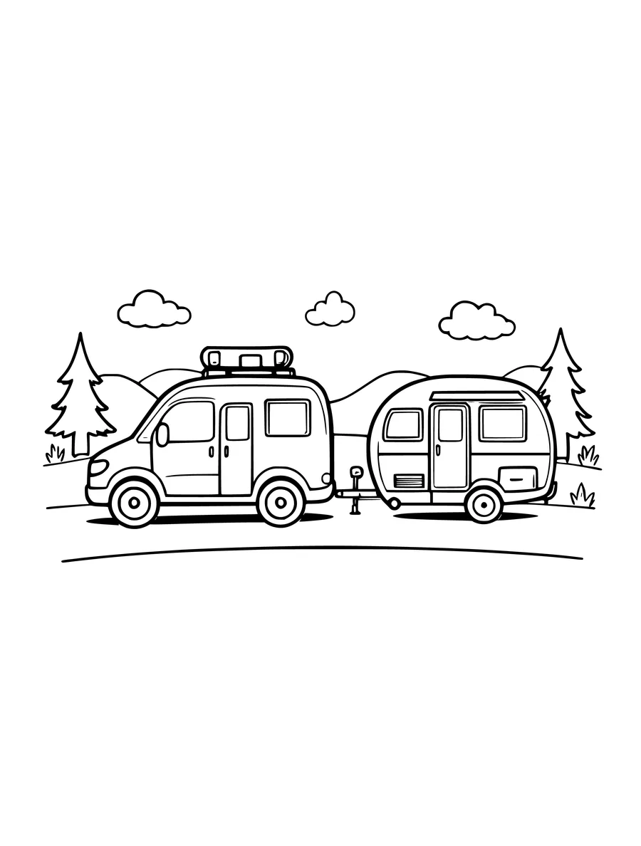 Line art of a camper van pulling a trailer through a landscape with trees and clouds, coloring page