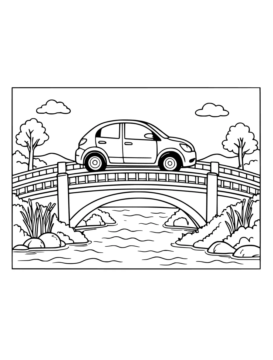 A coloring page features a car driving across a bridge over a winding river.
