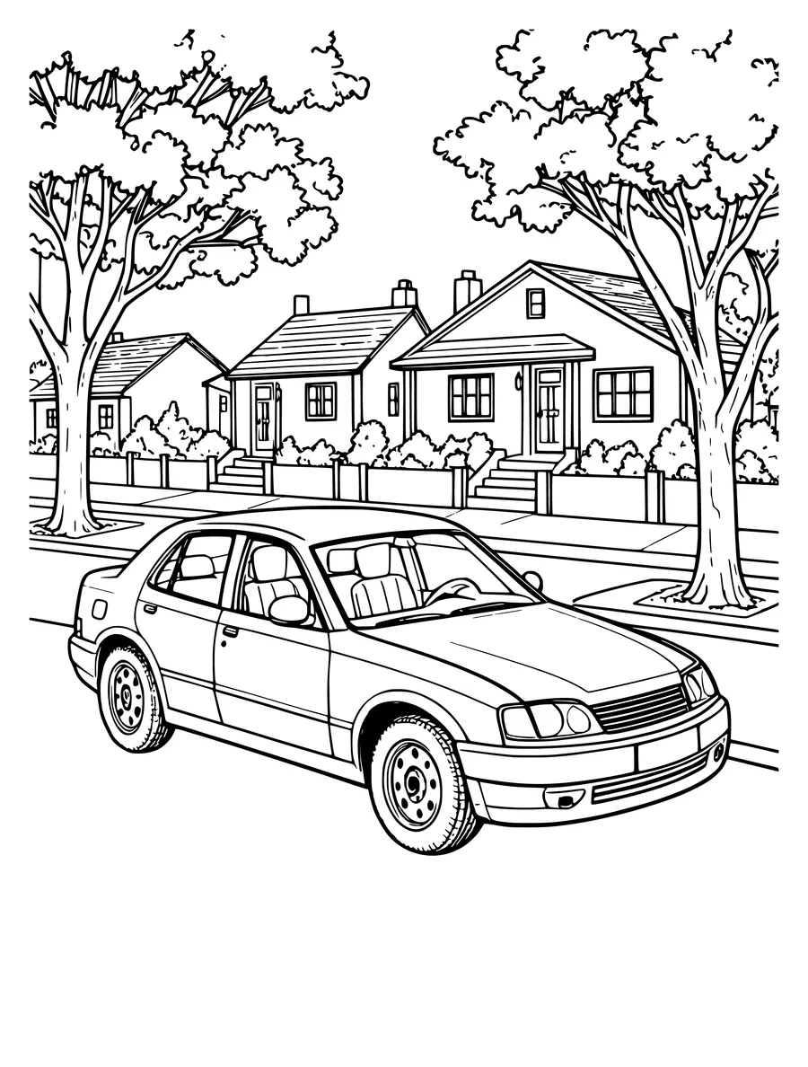 A car parked on a suburban street lined with trees and residential houses, coloring page