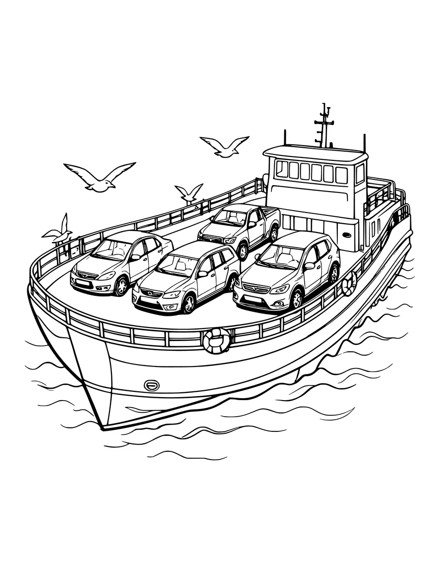 A detailed colouring page shows cars parked on a ferry deck with seagulls flying above.