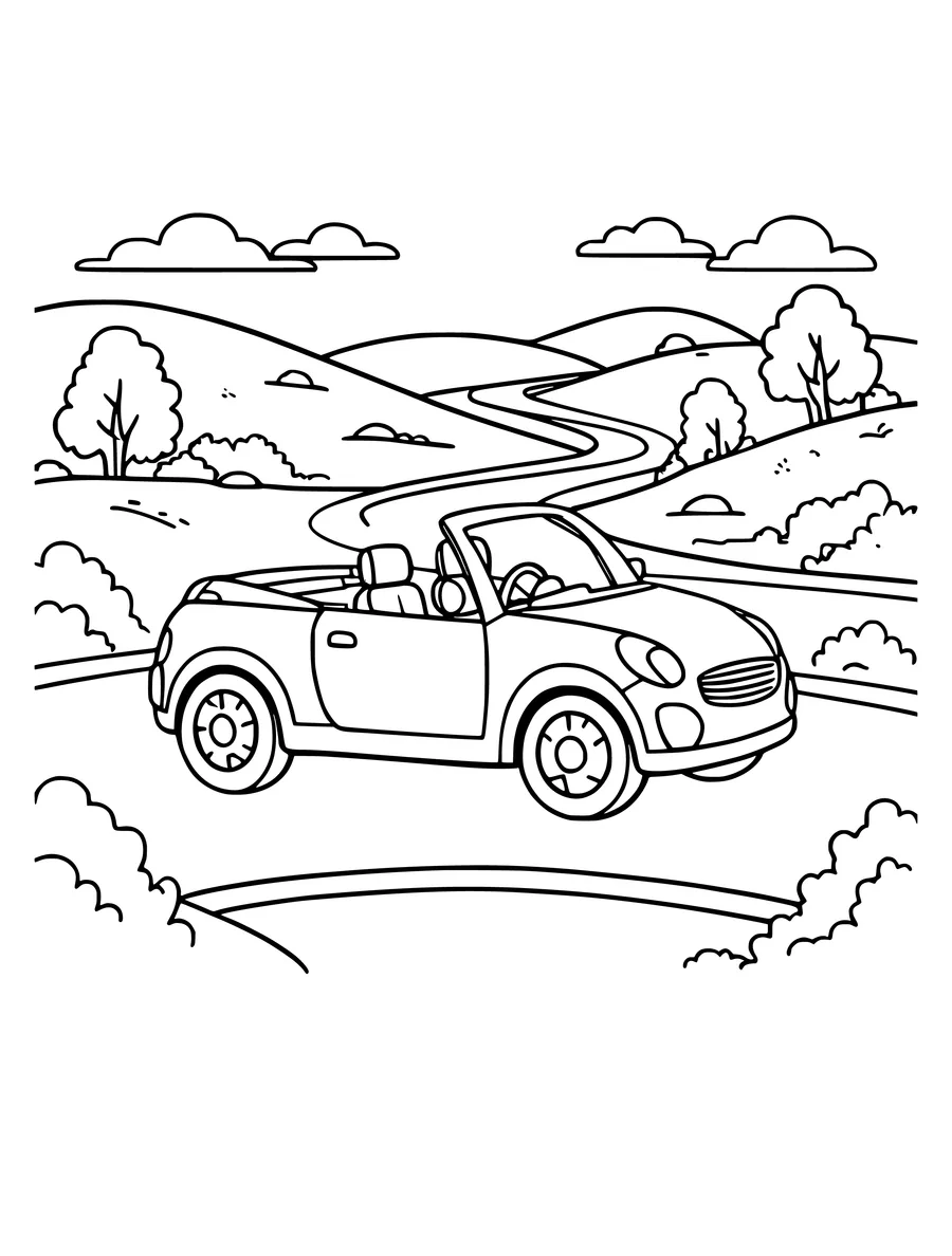 A convertible car driving along a winding road through hilly countryside.