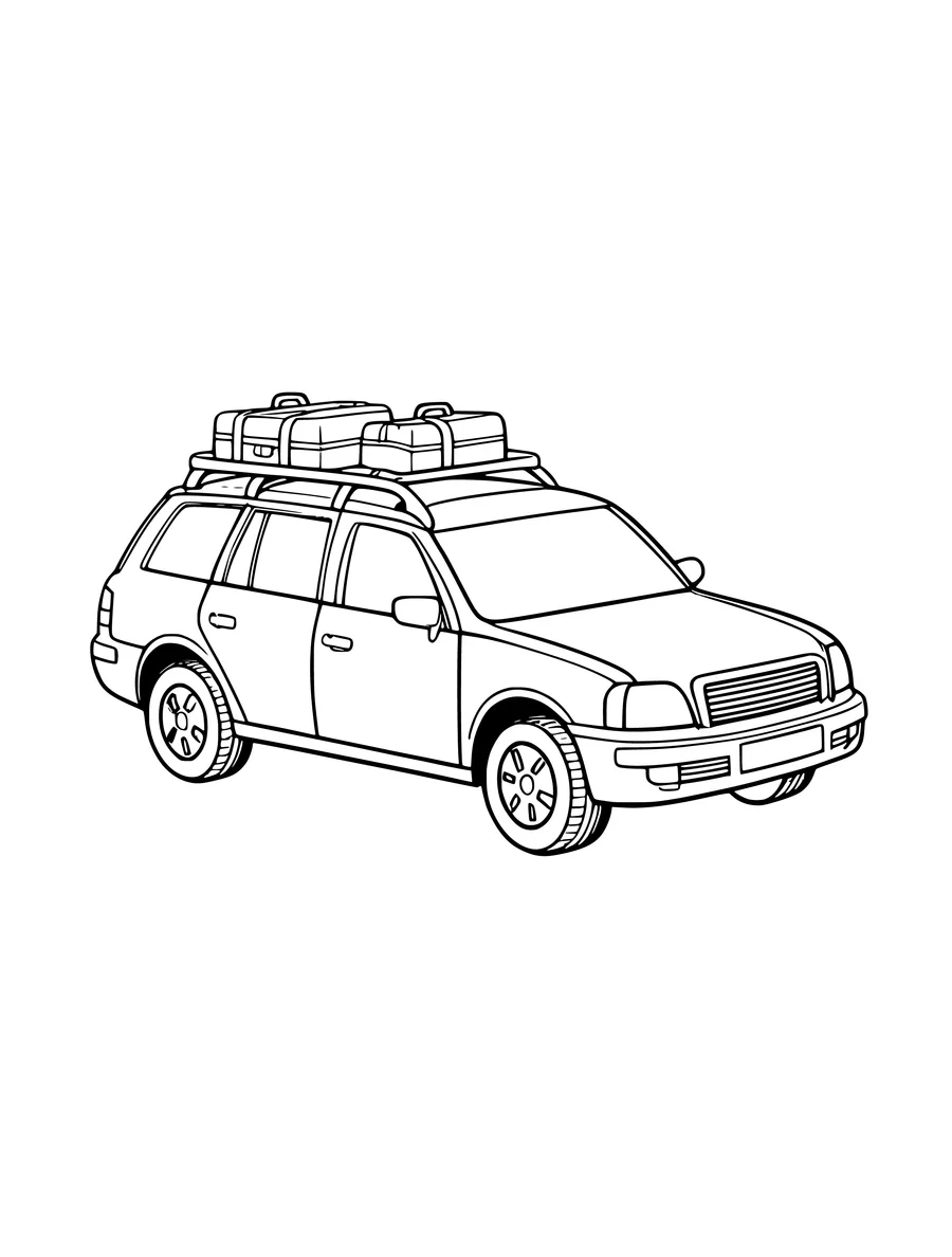 A family car equipped with a roof rack and travel suitcases on top, colouring page
