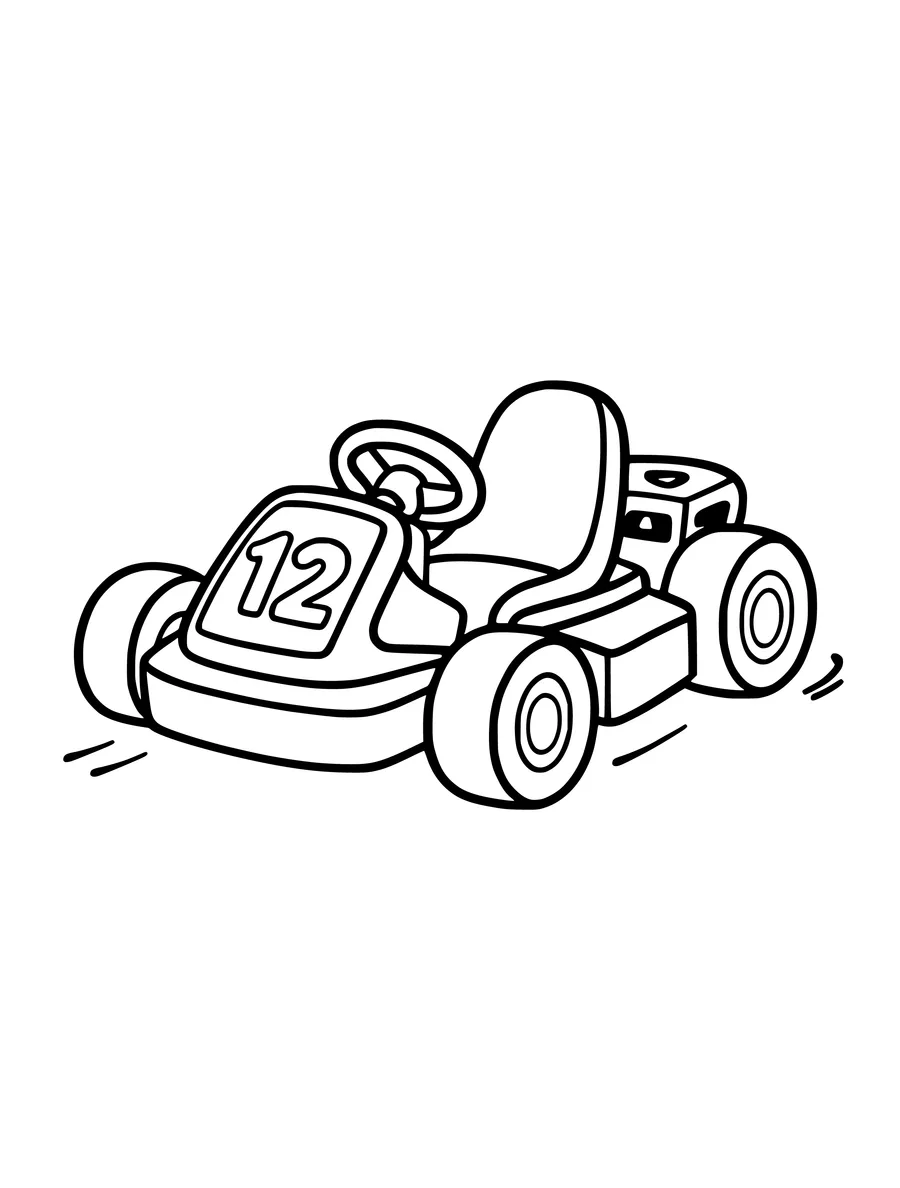 Black and white line art coloring page of go-kart with a number on the front, simple detail