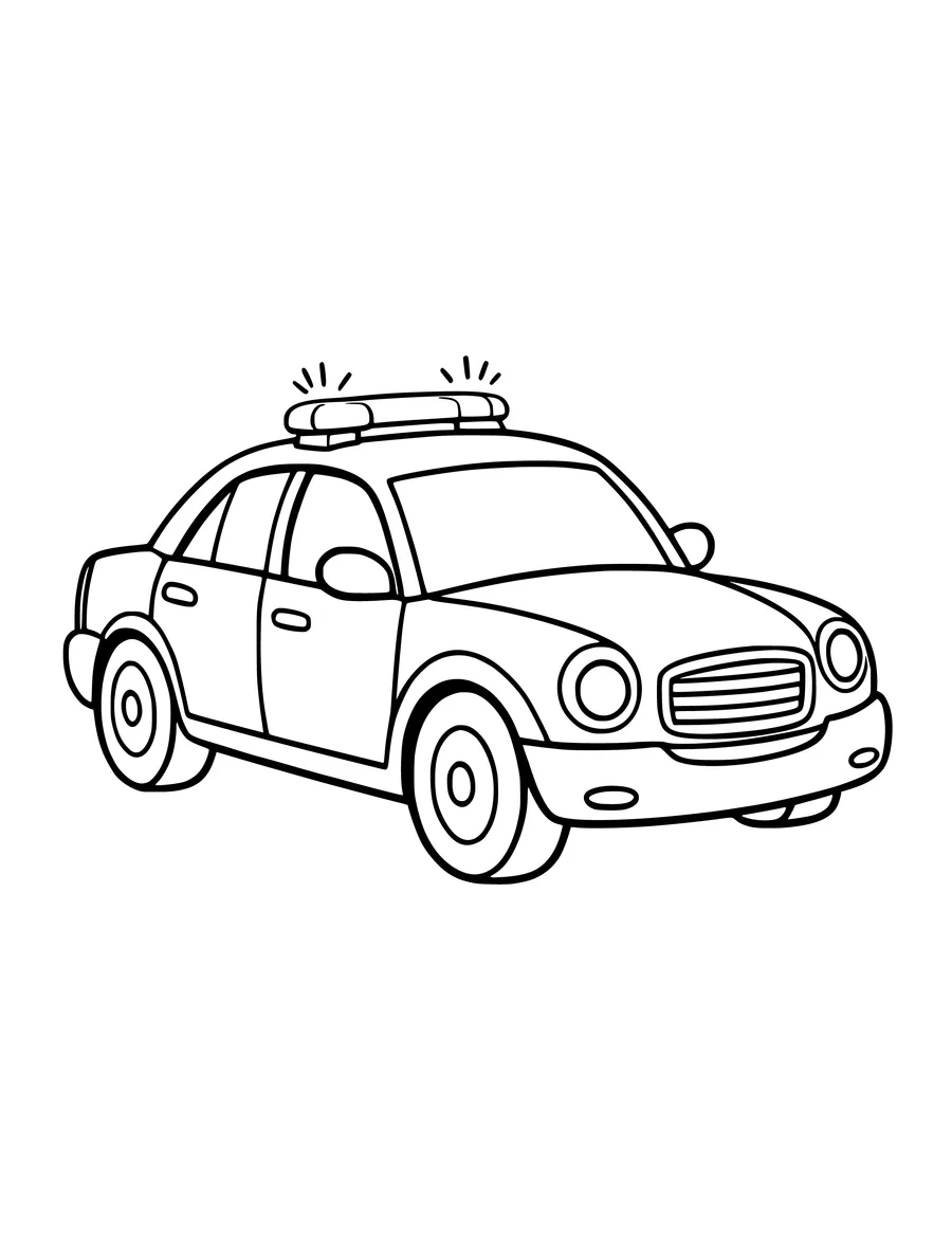 A simple colouring page features a police car with emergency lights on its roof.