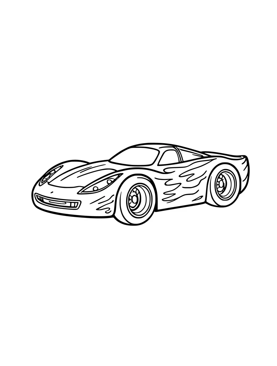 A sleek race car featuring flame patterns along its side panels, colouring page