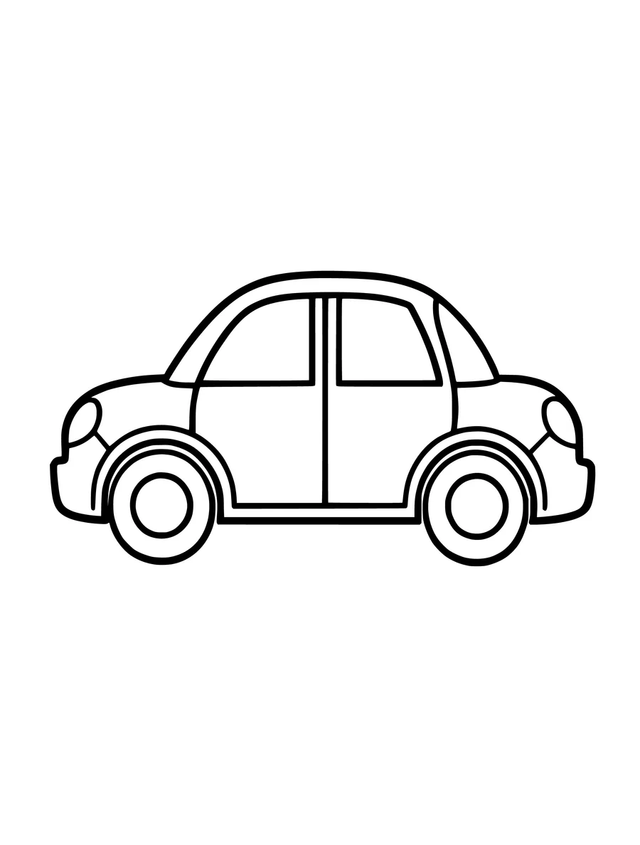 A simple car with large, round wheels drawn as a clean colouring page.