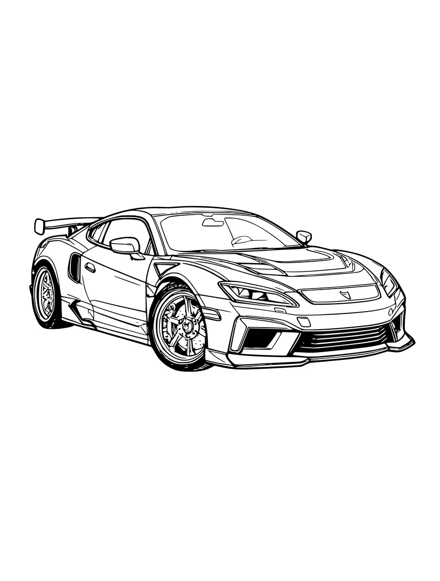 A detailed sports car with a prominent rear spoiler and intricate wheel rims, colouring page