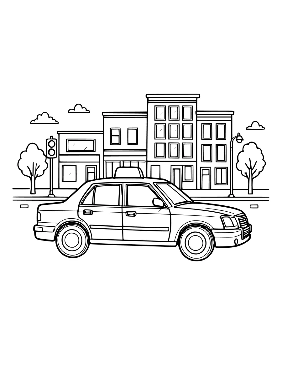 A colouring page shows a taxi with a roof sign driving past city buildings and trees.