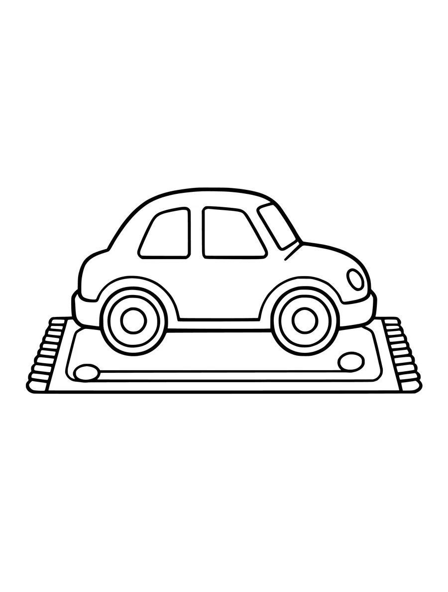 A simple colouring page depicts a small toy car resting on a patterned rug.