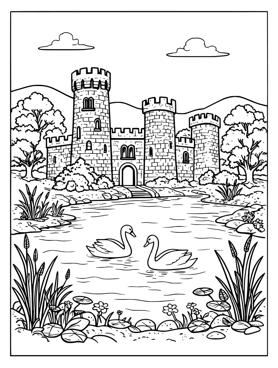 Line art of a stone castle by a lake with two swimming swans, coloring page