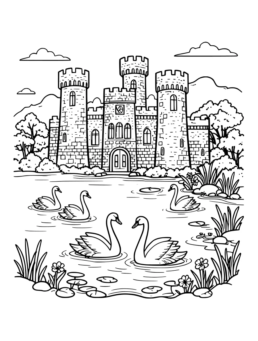 Black and white line art coloring page of castle by a lake with swans, medium detail