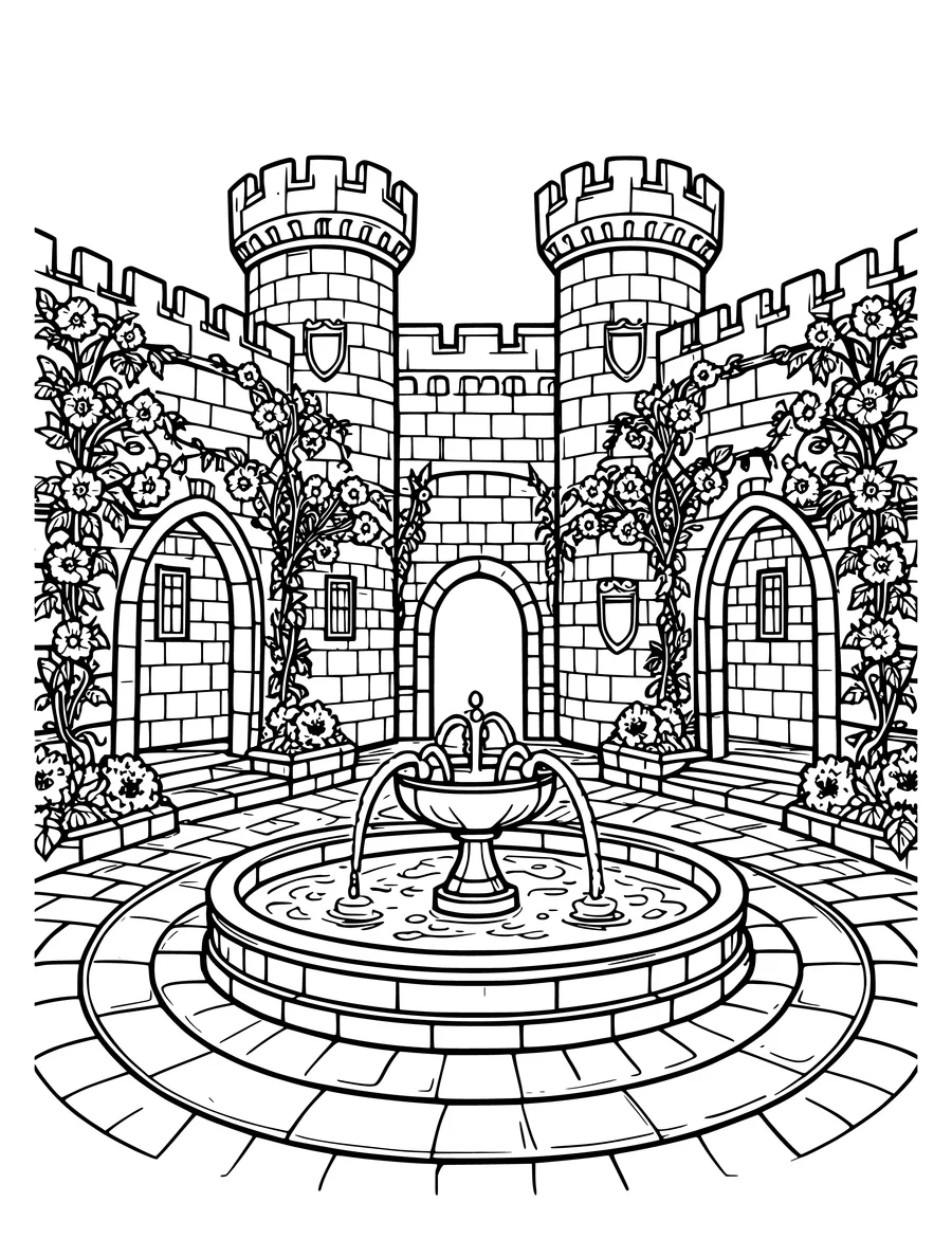 A detailed colouring page of a stone castle courtyard with a central fountain and flowering vines.