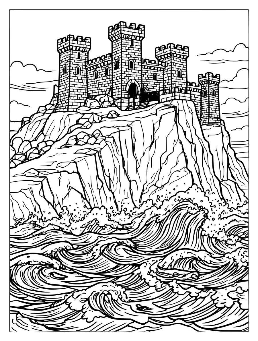 A detailed colouring page of a stone castle perched on a cliff above crashing ocean waves.