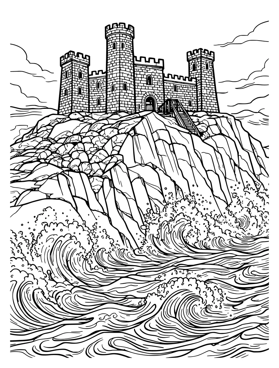 Black and white line art coloring page of castle on a cliff above crashing waves, detailed detail