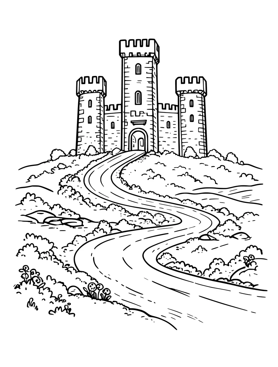 Black and white line art coloring page of castle on a hill with a winding road, medium detail