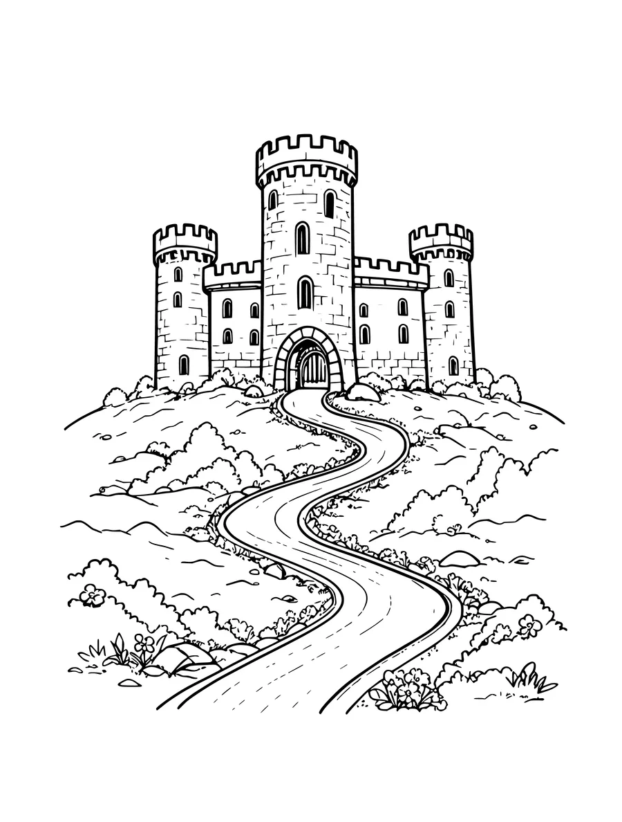 Black and white line art coloring page of castle on a hill with a winding road, medium detail