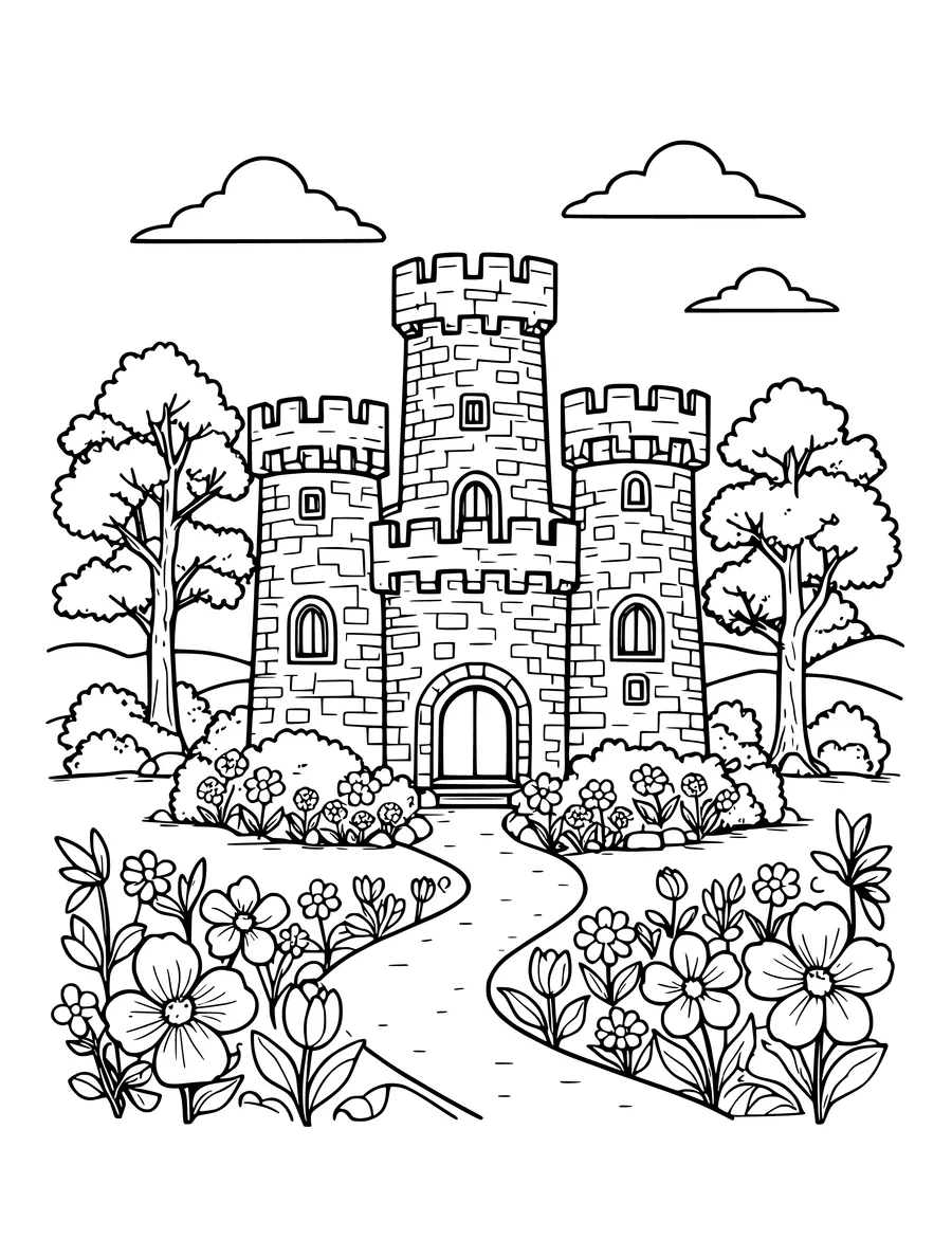 A stone castle surrounded by blooming flowers, leafy trees, and clouds in this line art.