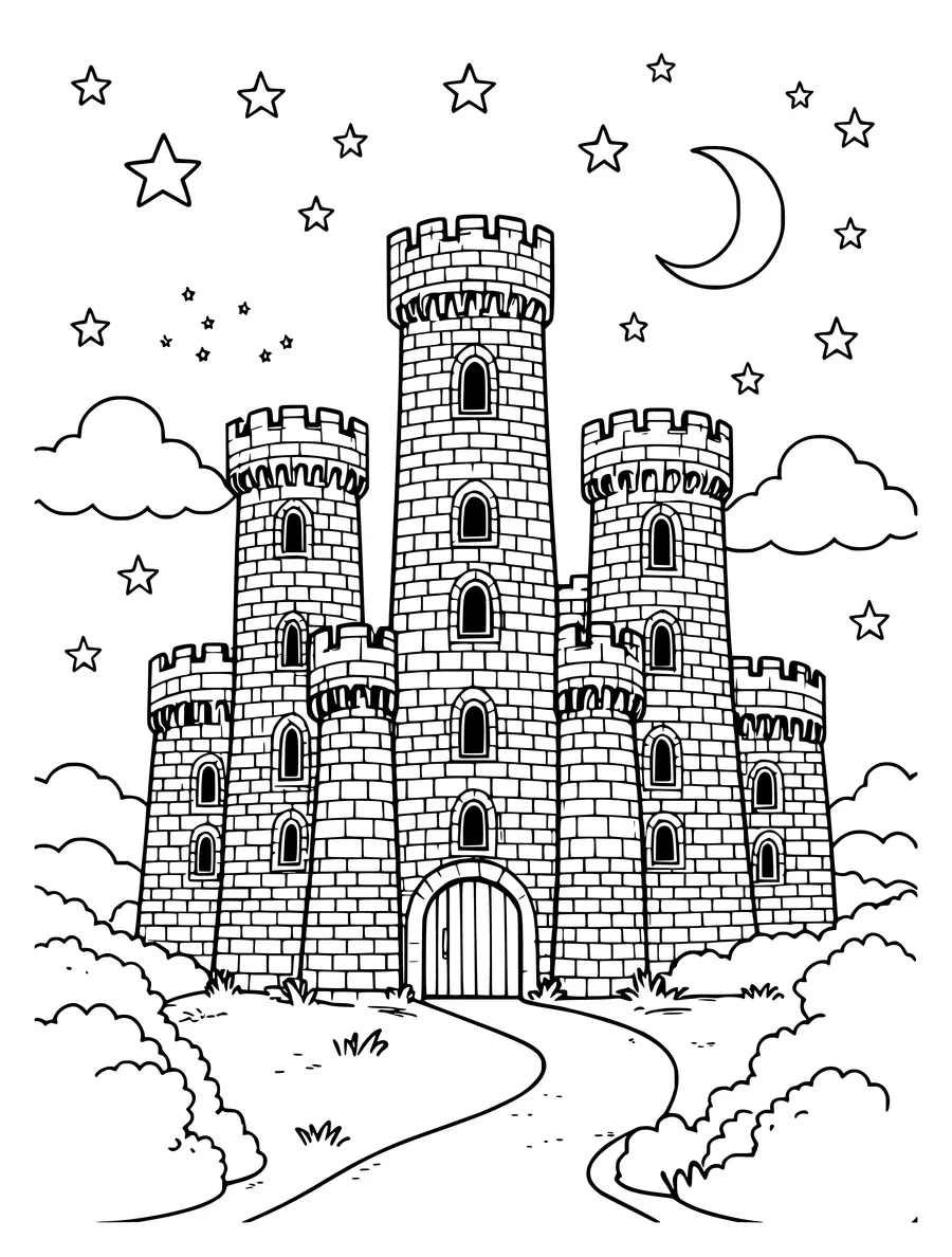 A coloring page of a stone castle under a night sky with a crescent moon and stars.