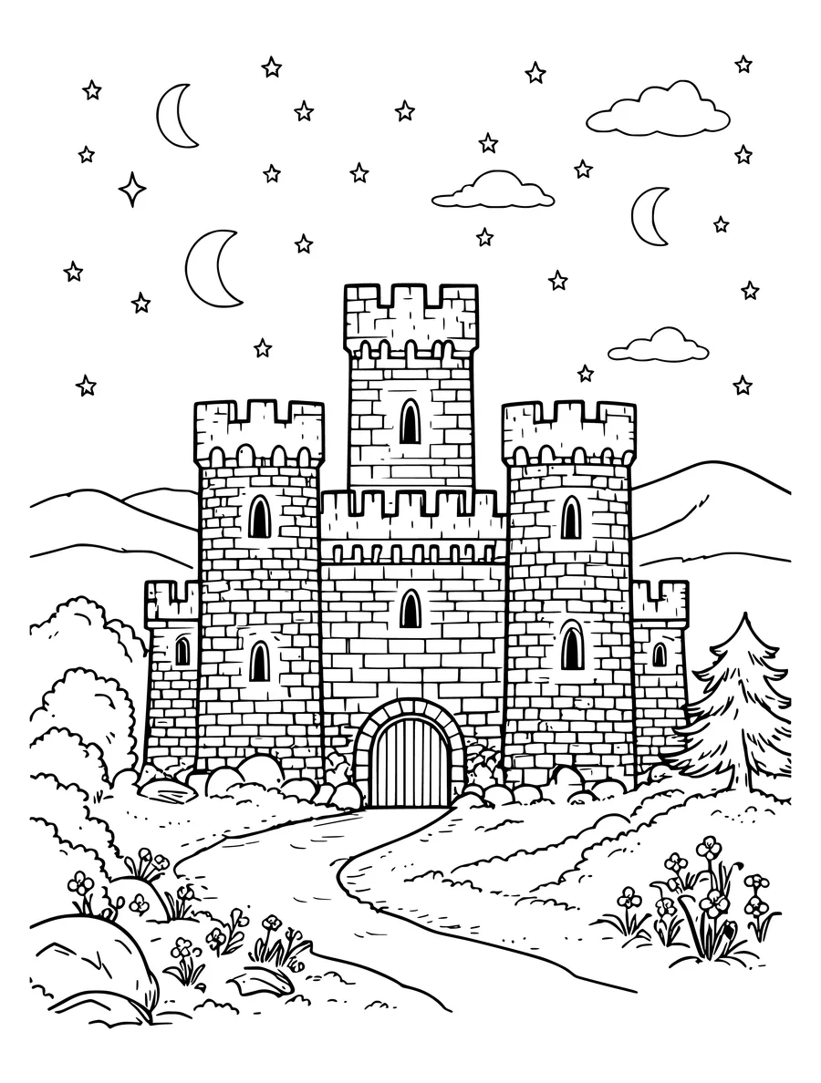 Black and white line art colouring page of castle under a starry sky, medium detail