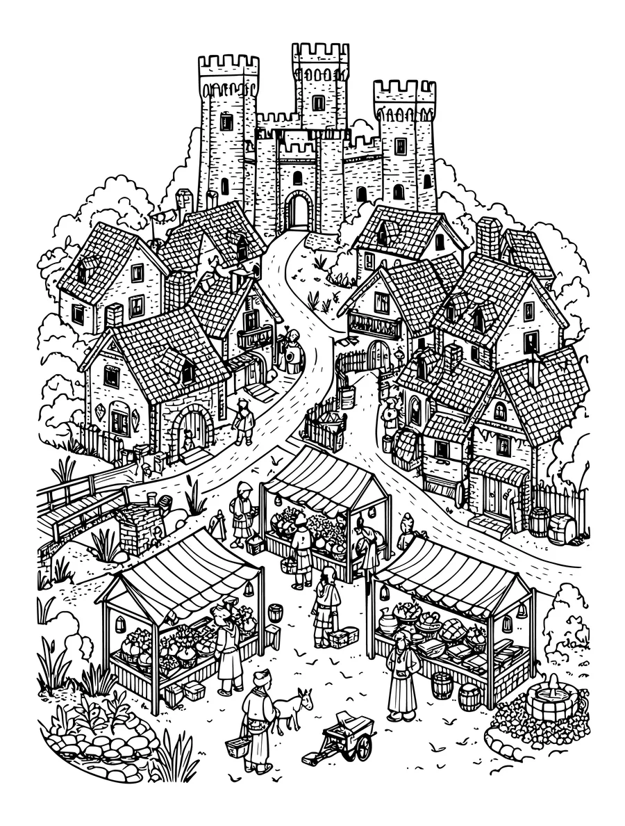 Black and white line art colouring page of castle village with winding streets and market stalls, intricate detail
