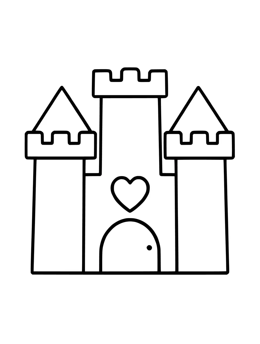 A simple castle coloring page for children featuring a large door and a heart-shaped window.