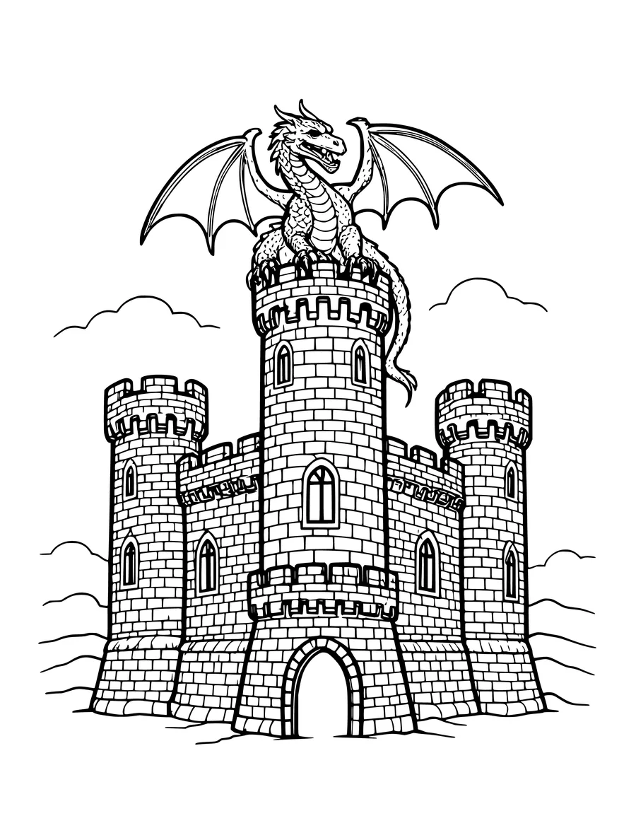 A stone castle with a large dragon perched on the central tower in this line art illustration, colouring page