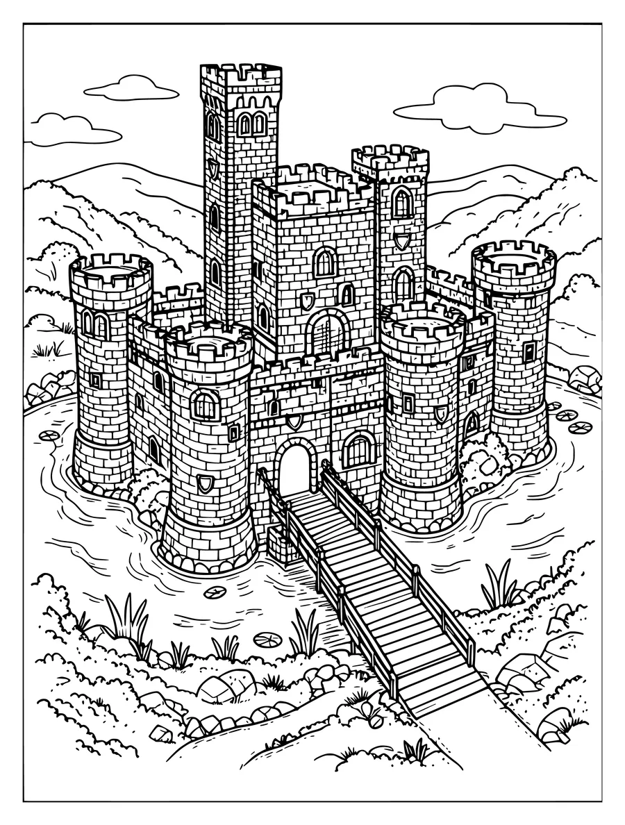 A stone castle with a moat, a drawbridge, and tall towers in this detailed colouring page.
