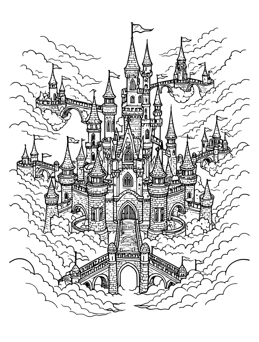 Black and white line art colouring page of fantasy castle with many turrets, bridges and flags in the clouds, intricate detail