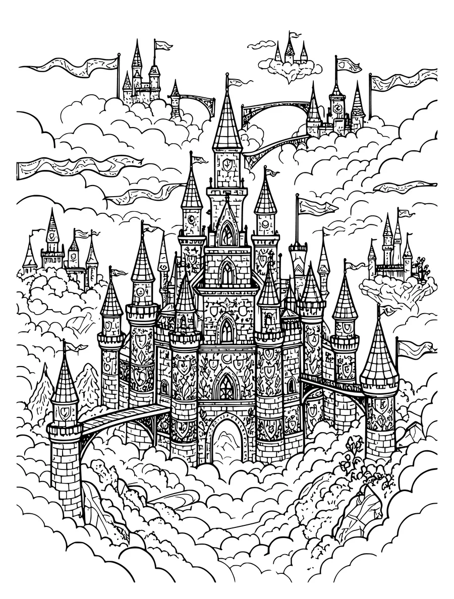Black and white line art coloring page of fantasy castle with many turrets, bridges and flags in the clouds, intricate detail