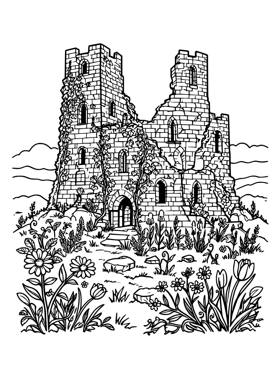 Black and white line art coloring page of ruined castle overgrown with ivy and wildflowers, detailed detail