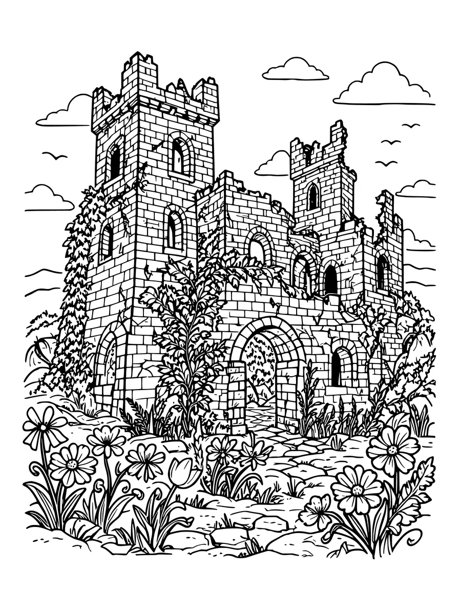 A detailed colouring page of a ruined stone castle overgrown with ivy and wildflowers.