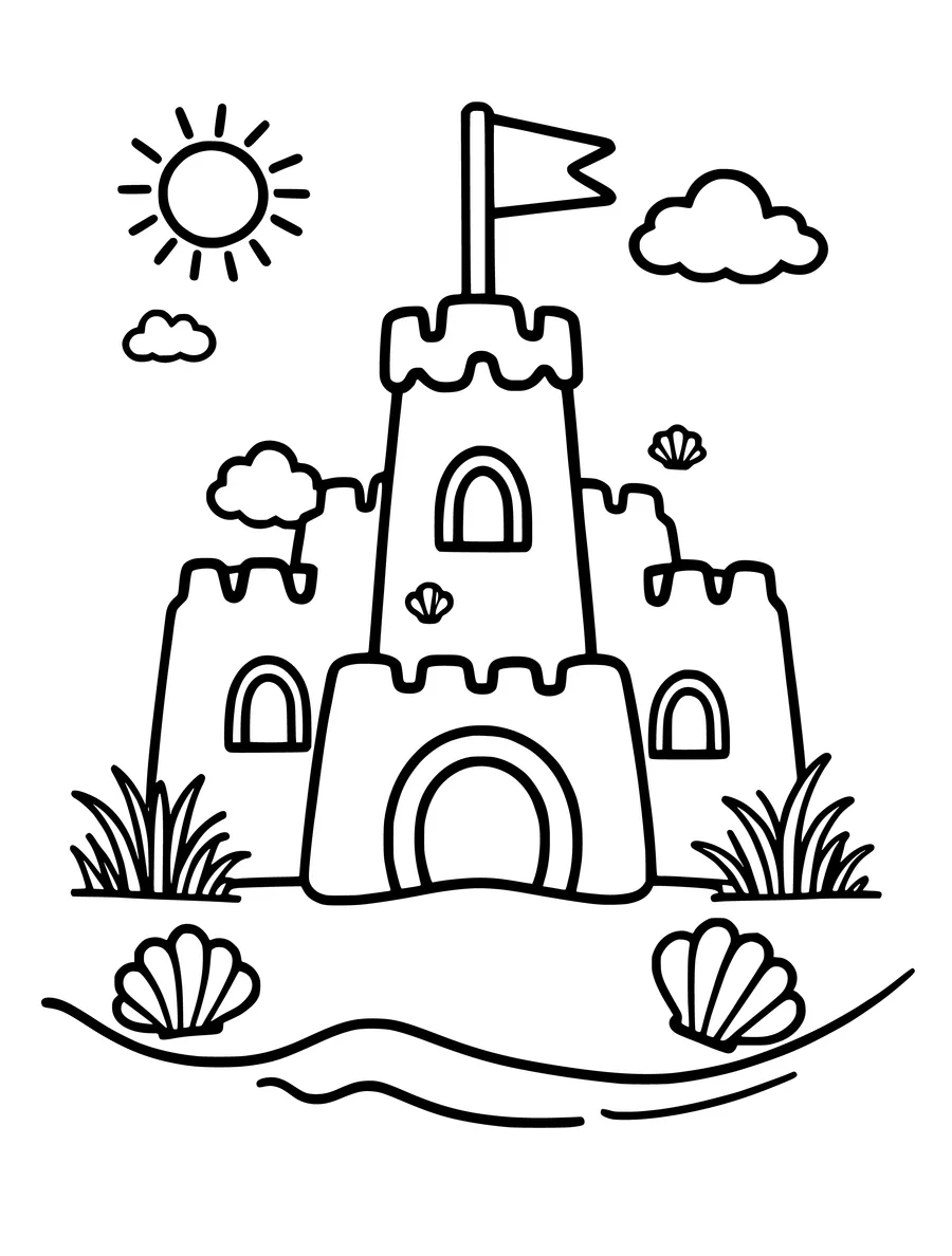 A simple sandcastle with a flag on a beach with seashells and a sun in this coloring page.